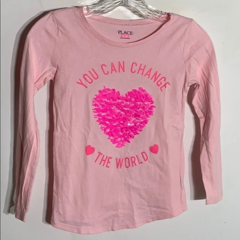 The place you can change the world sequin shirt long sleeve pink heart girls tee